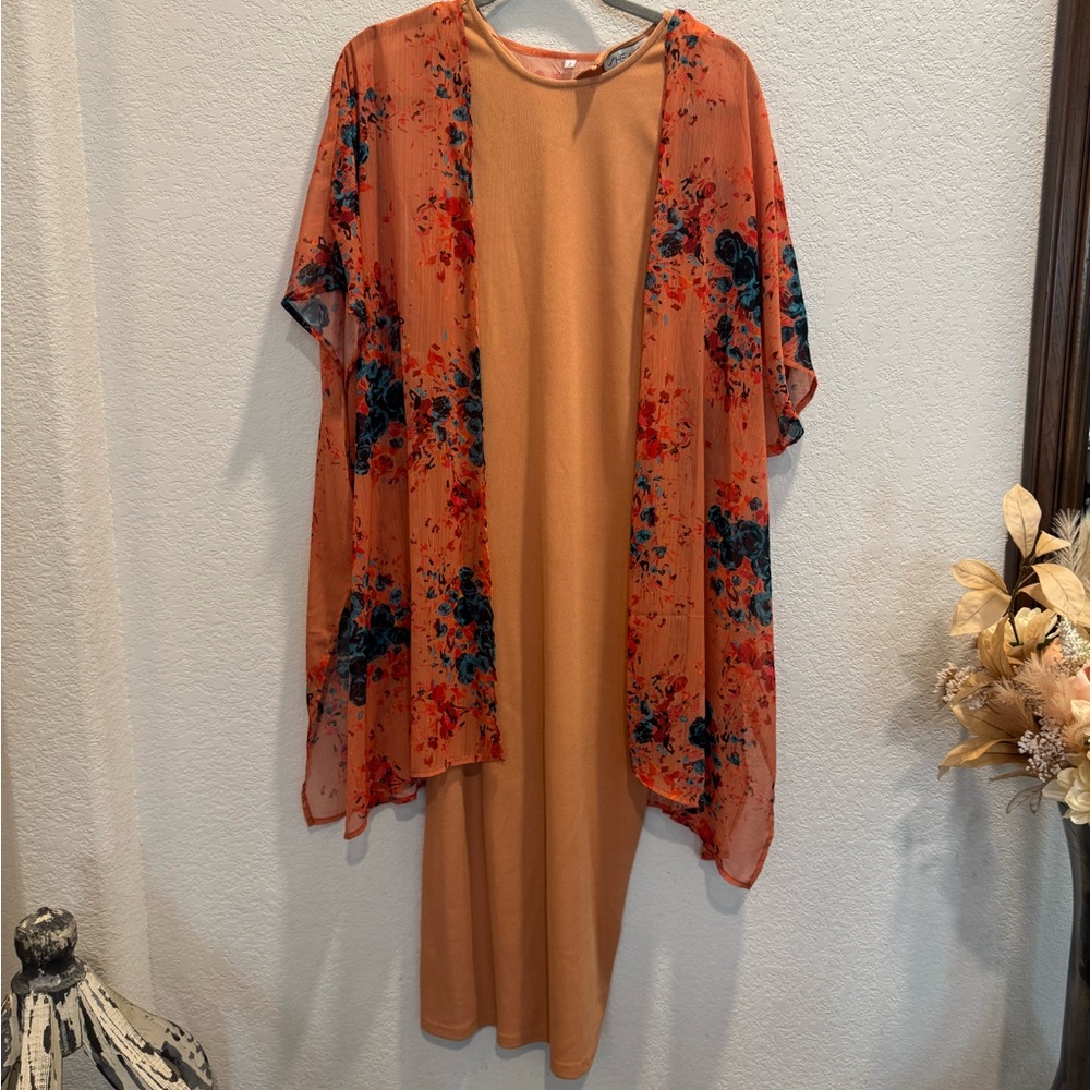 Orange Floral Kimono and Dress Set
